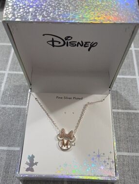 Disney Silver Plated Minnie Necklace with Rose-Tone Bow